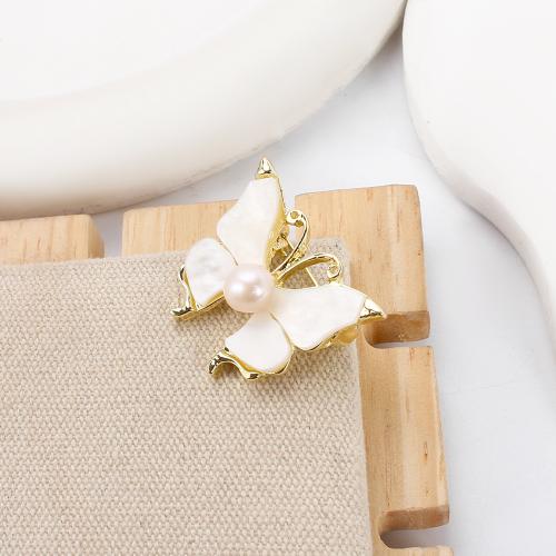 Sladkovodní Pearl Brož, Zinek, s White Shell & Sladkovodní Pearl, Motýl, barva pozlacený, módní šperky, více barev na výběr, 28.44x8.76x22.88mm, Prodáno By PC