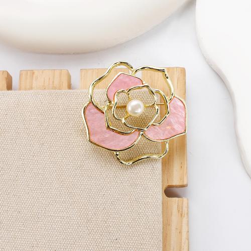 Freshwater Pearl Brooch Zinc Alloy with Pink Shell & Freshwater Pearl Flower gold color plated fashion jewelry Sold By PC