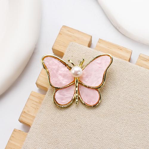 Sladkovodní Pearl Brož, Zinek, s Pink Shell & Sladkovodní Pearl, Motýl, barva pozlacený, módní šperky, více barev na výběr, 41.85x13.92x30.20mm, Prodáno By PC