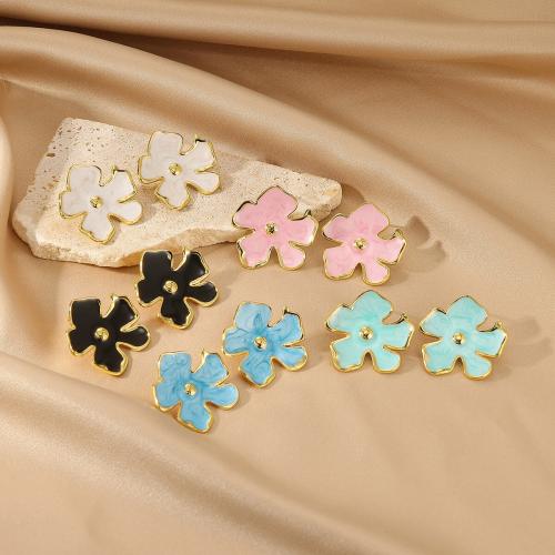 Boucle d'oreille de gaujon en acier inoxydable, Acier inoxydable 304, fleur, Placage de couleur d'or, bijoux de mode & pour femme & émail, plus de couleurs à choisir, Vendu par paire