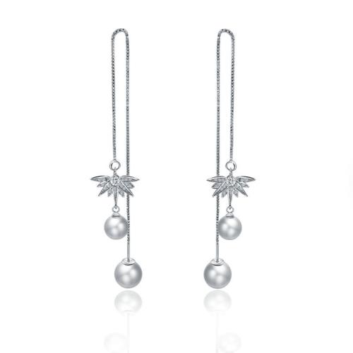 alliage de zinc boucles d'oreilles chaîne, avec perle de plastique, Placage de couleur platine, pour femme & avec strass, 100mm, Vendu par paire