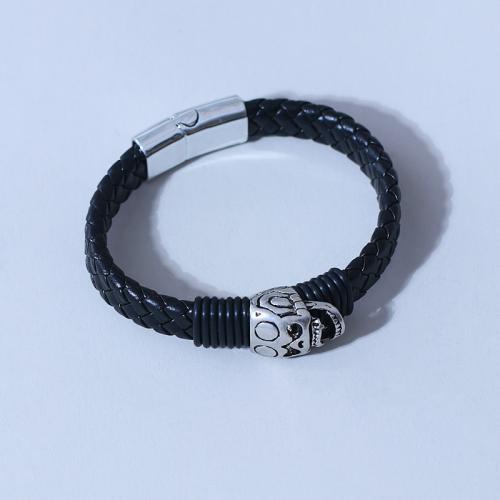 Zinc Alloy Bracelet with PU Leather Skull plated Halloween Design & for woman black Length Approx 8.3 Inch Sold By PC