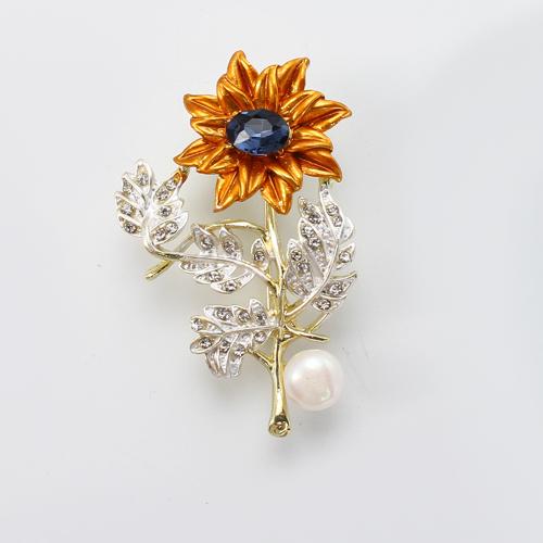 Sladkovodní Pearl Brož, Zinek, s Sladkovodní Pearl, Slunečnice, barva pozlacený, módní šperky & s drahokamu, více barev na výběr, 31.46x10.87x50.03mm, Prodáno By PC