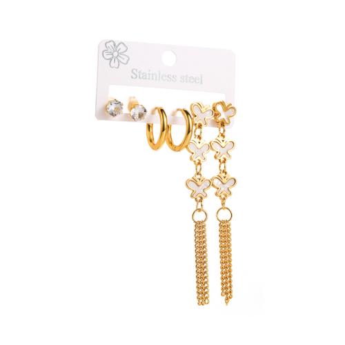 Edelstahl Tropfen Ohrring, 304 Edelstahl, mit Weiße Muschel, plattiert, drei Stücke & verschiedene Stile für Wahl & für Frau & mit Strass, goldfarben, verkauft von setzen