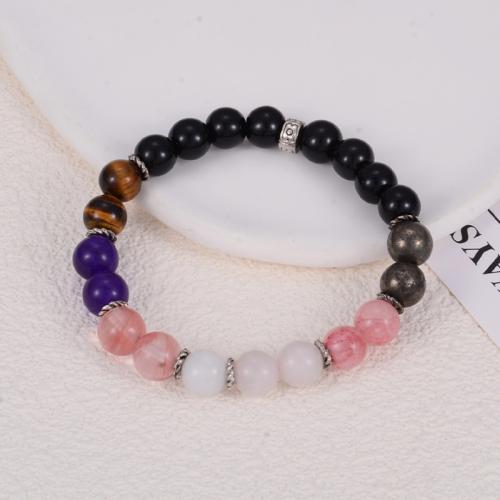 quartz rose bracelet, avec pierre gemme & oeil de tigre & améthyste & alliage de zinc, Rond, fait à la main, bijoux de mode & pour femme, Longueur Environ 10.2 pouce, Vendu par PC