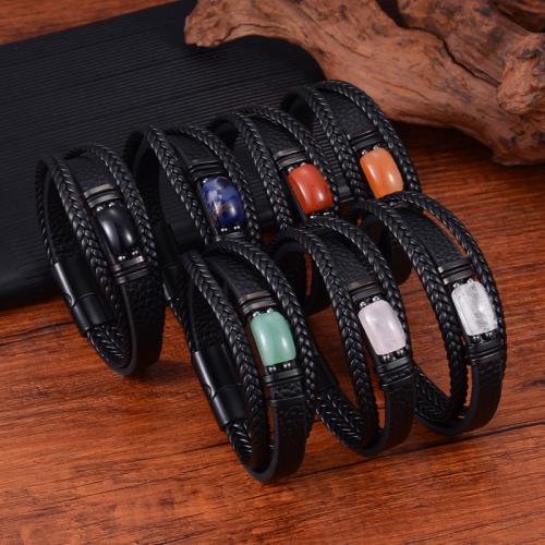 cuir PU bracelet, avec pierre gemme & Acier inoxydable 304, fait à la main, différents matériaux pour le choix & normes différentes pour le choix & pour homme, Vendu par PC
