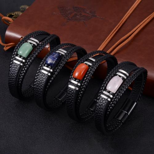 cuir PU bracelet, avec pierre gemme & Acier inoxydable 304, fait à la main, multicouche & différents matériaux pour le choix & normes différentes pour le choix & pour homme, Vendu par PC