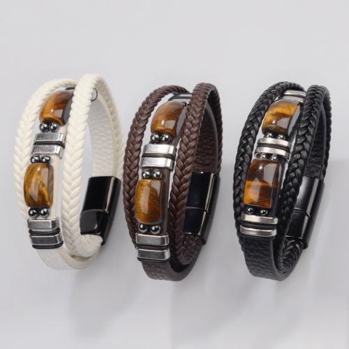 cuir PU bracelet, avec oeil de tigre & Acier inoxydable 304, fait à la main, multicouche & différents matériaux pour le choix & pour homme, plus de couleurs à choisir, Vendu par PC