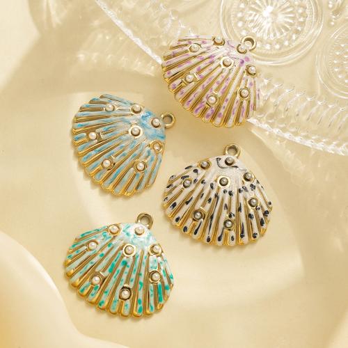 Nerezová ocel zvířat Přívěsky, 304 Stainless Steel, s Plastové Pearl, Skořápka, barva pozlacený, DIY & smalt, zlatý, 10PC/Bag, Prodáno By Bag