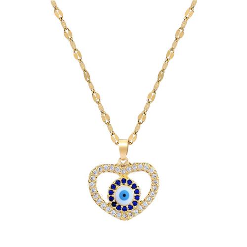Collier Evil Eye bijoux, laiton, avec Acier titane, Placage, pavé de micro zircon & pour femme & émail & creux, doré, Longueur Environ 21-50 cm, Vendu par PC