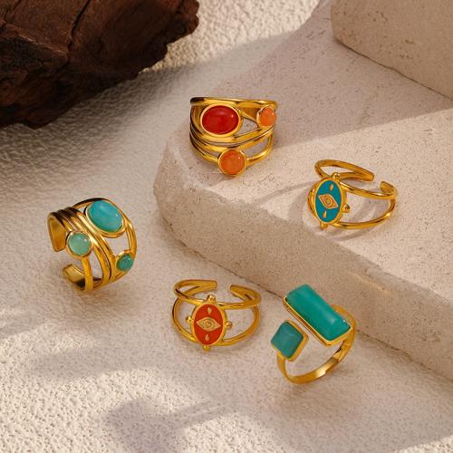 Gemstone prst prsten, 304 Stainless Steel, s Přírodní kámen, á, různé styly pro výběr & pro ženy & dutý, zlatý, Prodáno By PC