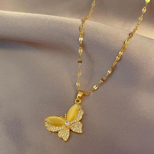 Collier d'acier titane, avec laiton, Placage, bijoux de mode & pavé de micro zircon & pour femme, doré, Longueur Environ 21-50 cm, Vendu par PC