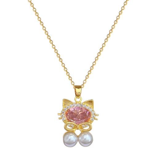 Collier d'acier titane, avec perle de plastique & laiton, Placage, bijoux de mode & pavé de micro zircon & pour femme, doré, Vendu par PC
