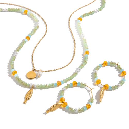 Natural Cultured Freshwater Pearl Jewelry Sets 304 Stainless Steel with Glass Beads & Freshwater Pearl 18K gold plated fashion jewelry & for woman Sold By PC