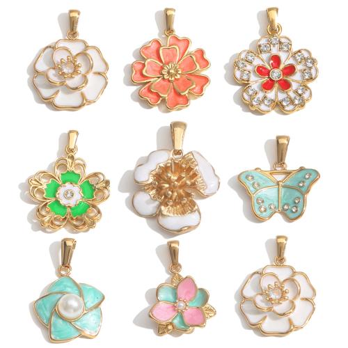 Stainless Steel Flower Pendant 304 Stainless Steel with Plastic Pearl gold color plated DIY & enamel & with rhinestone golden Sold By Bag