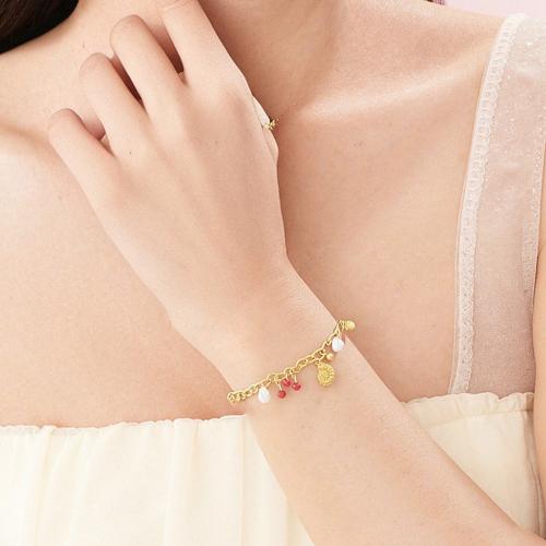 Bijoux bracelet en acier inoxydable, Acier inoxydable 304, avec perle de plastique, Placage de couleur d'or, bijoux de mode & émail, doré, Longueur 21 cm, Vendu par PC