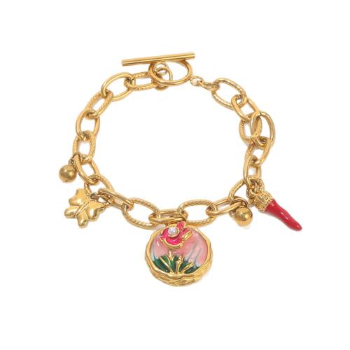 Bijoux bracelet en acier inoxydable, Acier inoxydable 304, avec perle de plastique, Placage de couleur d'or, bijoux de mode & émail, doré, Vendu par PC