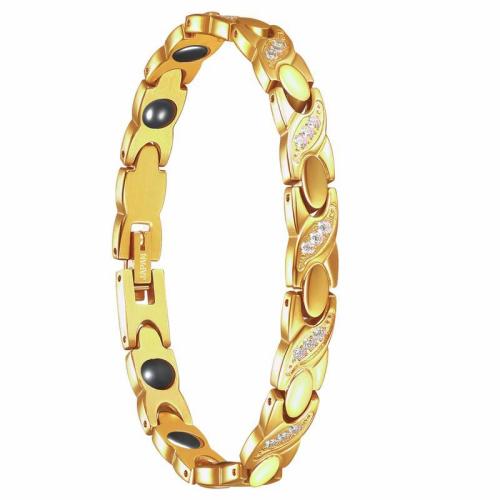 Acier titane bracelet, avec Pierre de Noir-Magnetic, pavé de micro zircon & pour femme, Or, Longueur Environ 7.5 pouce, Vendu par PC