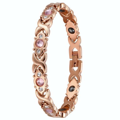 Acier inoxydable 304 bracelet, avec Pierre de Noir-Magnetic & verre, pour femme & avec strass, couleur or rose, Longueur Environ 7.7 pouce, Vendu par PC