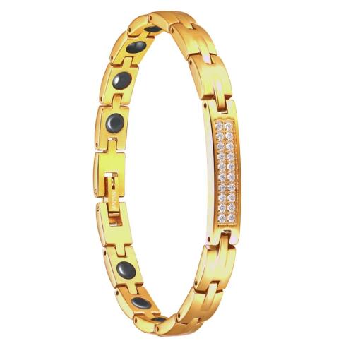 acier inoxydable 316L bracelet, avec Pierre de Noir-Magnetic, pavé de micro zircon & pour femme, Or, Longueur Environ 7.5 pouce, Vendu par PC