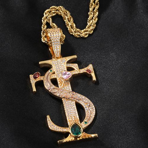 laiton collier, croix, Placage, chaîne Français corde de Français & pavé de micro zircon & pour homme, plus de couleurs à choisir, Longueur Environ 24 pouce, Vendu par PC