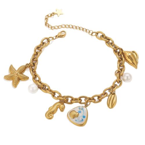 Bijoux bracelet en acier inoxydable, Acier inoxydable 304, avec perle de plastique, Placage de couleur d'or, bijoux de mode & émail, doré, Vendu par PC