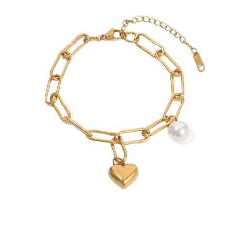 Bijoux bracelet en acier inoxydable, Acier inoxydable 304, avec perle de plastique, Placage de couleur d'or, bijoux de mode, doré, Vendu par PC
