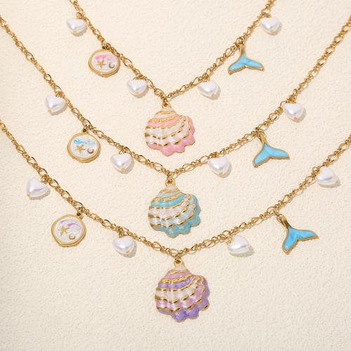 Stainless Steel Jewelry Necklace 304 Stainless Steel with Plastic Pearl plated fashion jewelry & enamel Sold By PC