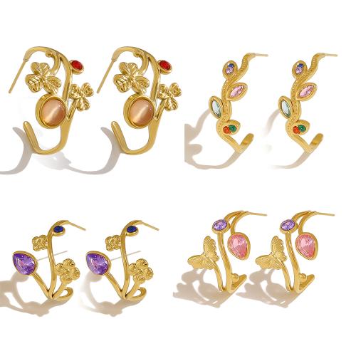 Boucle d'oreille de gaujon en acier inoxydable, Acier inoxydable 304, avec zircon cubique, Plaqué or 18K, bijoux de mode & styles différents pour le choix & pour femme, Vendu par paire