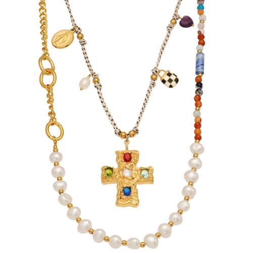 Naszyjnik z naturalnych pereł słodkowodnych, Stal nierdzewna 304, ze Kamień naturalny & Sześcienna cyrkonia & Nylon & Perła naturalna słodkowodna, Powlekane, biżuteria moda & różne style do wyboru & dla kobiety, dostępnych więcej kolorów, sprzedane przez PC