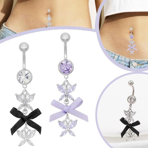 Zinc Alloy Belly Ring with Cloth & 304 Stainless Steel Bowknot plated Unisex & micro pave cubic zirconia Sold By PC