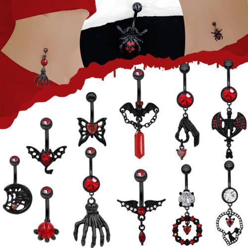 alliage de zinc anneau de ventre, avec Acier inoxydable 304, Placage, Halloween Design & unisexe & styles différents pour le choix & pavé de micro zircon, noire, belly ring length 13-45mm, Vendu par PC