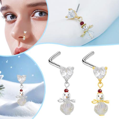 Acier inoxydable 304 Bijoux de Piercing de Nez, avec perle de plastique, bonhomme de neige, Placage, Conception de Noël & unisexe & pavé de micro zircon, plus de couleurs à choisir, Vendu par PC