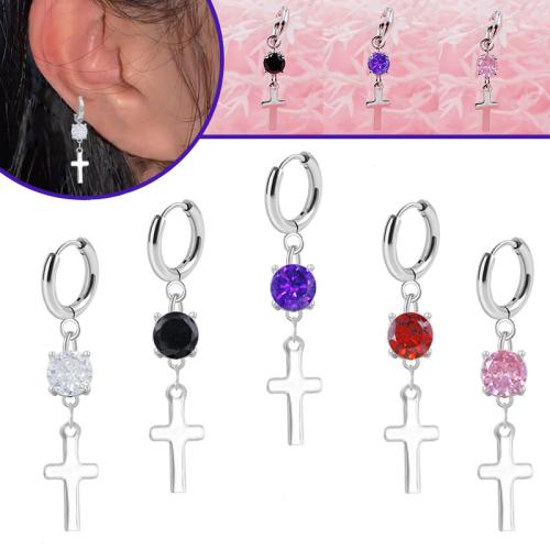 304 Stainless Steel Huggie Hoop Drop Earring Cross Unisex & with rhinestone Sold By PC