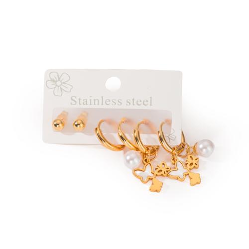 Edelstahl Tropfen Ohrring, 304 Edelstahl, mit Weiße Muschel & Kunststoff Perlen, plattiert, drei Stücke & verschiedene Stile für Wahl & für Frau, goldfarben, verkauft von setzen