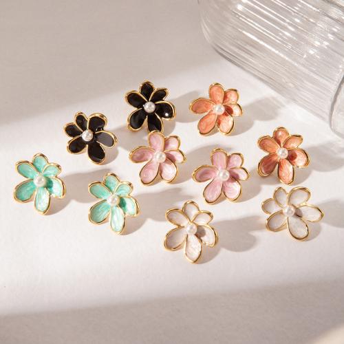 Boucle d'oreille de gaujon en acier inoxydable, Acier inoxydable 304, avec perle de plastique, fleur, Placage de couleur d'or, bijoux de mode & pour femme & émail, plus de couleurs à choisir, Vendu par paire