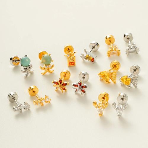 Stainless Steel Ear Piercing Jewelry Titanium Steel with Brass gold color plated fashion jewelry & micro pave cubic zirconia Sold By PC