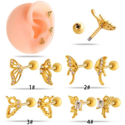 Stainless Steel Ear Piercing Jewelry Titanium Steel with Brass gold color plated fashion jewelry & micro pave cubic zirconia Sold By PC