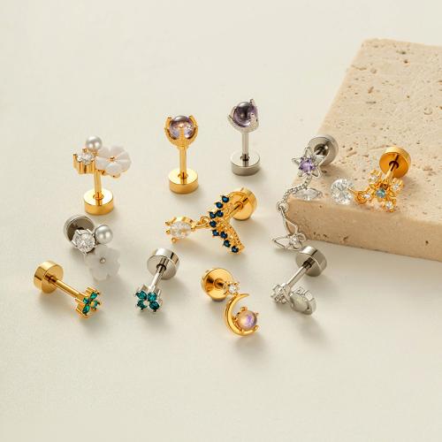 Stainless Steel Ear Piercing Jewelry Titanium Steel with Brass gold color plated fashion jewelry & micro pave cubic zirconia Sold By PC