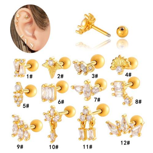 Stainless Steel Ear Piercing Jewelry Titanium Steel with Brass gold color plated fashion jewelry & micro pave cubic zirconia Sold By PC