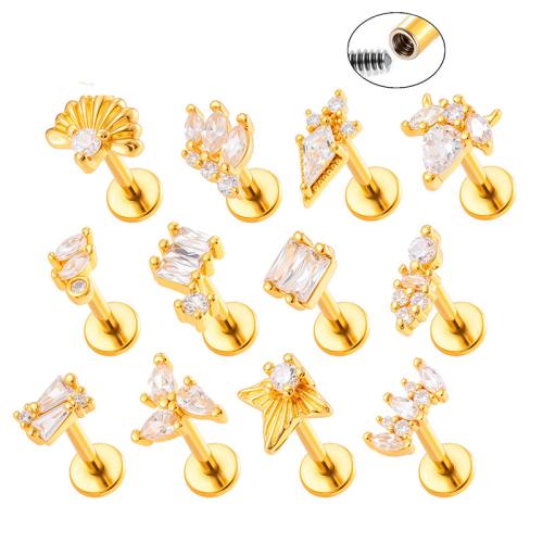 Stainless Steel Ear Piercing Jewelry Titanium Steel with Brass gold color plated fashion jewelry & micro pave cubic zirconia Sold By PC
