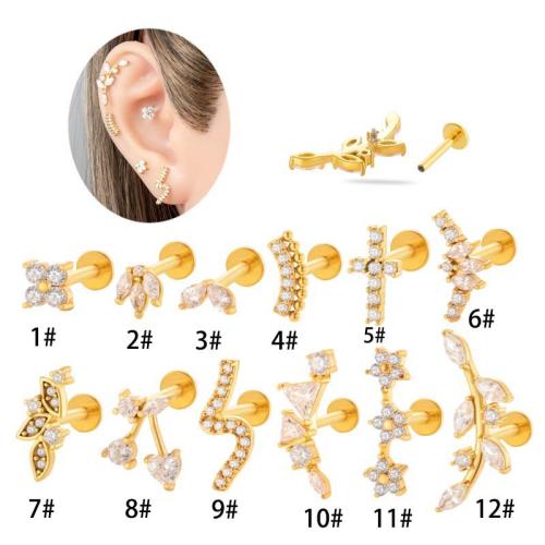 Stainless Steel Ear Piercing Jewelry Titanium Steel with Brass gold color plated fashion jewelry & micro pave cubic zirconia Sold By PC