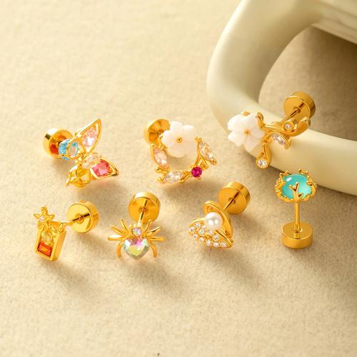 Stainless Steel Ear Piercing Jewelry Titanium Steel with Plastic Pearl & Brass gold color plated fashion jewelry & micro pave cubic zirconia Sold By PC