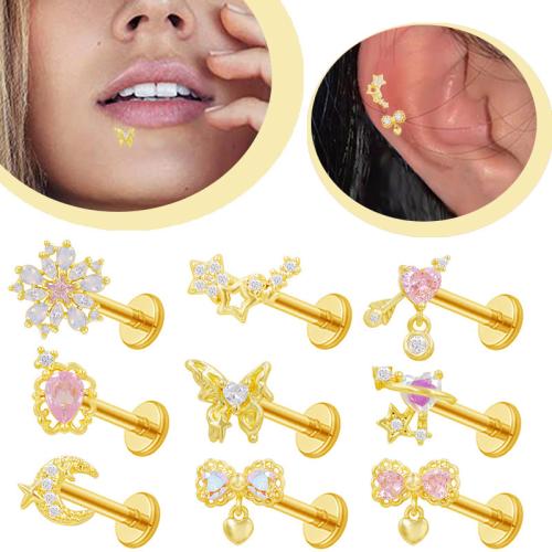 304 Stainless Steel Piercing Earring with Brass gold color plated Unisex & with rhinestone 8mm Sold By PC