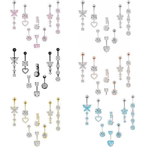 Acier inoxydable 304 anneau de ventre, Placage, 8 pièces & unisexe & pavé de micro zircon, plus de couleurs à choisir, belly ring length 20-50mm, Vendu par fixé