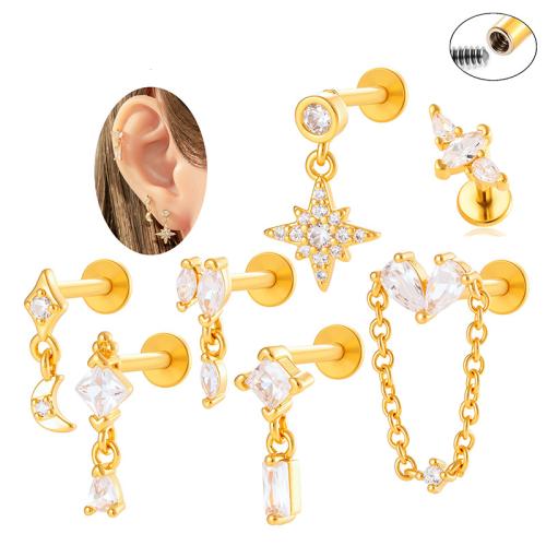 Lega di titanio orecchino piercing, with ottone, placcato color oro, gioielli di moda & Micro spianare cubic zirconia, nessuno, Venduto da PC