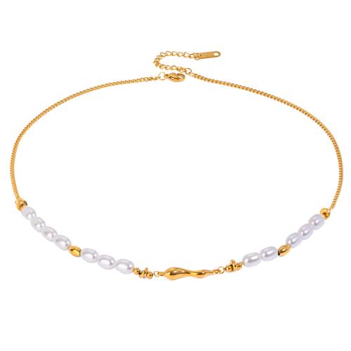 Stainless Steel Jewelry Necklace 304 Stainless Steel with Glass Pearl plated fashion jewelry & for woman golden Sold By PC