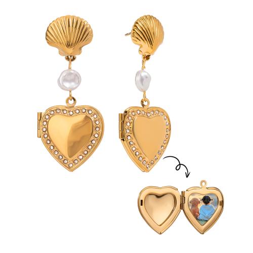 Brinco de gota de aço inoxidável, Aço inoxidável 304, with Shell Pearl, banhado, pode abrir e colocar em algo & para mulher & com strass, dourado, vendido por par