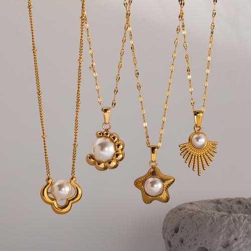 Edelstahl Schmuck Halskette, 304 Edelstahl, mit Kunststoff Perlen, plattiert, Modeschmuck & verschiedene Stile für Wahl & für Frau, goldfarben, verkauft von PC