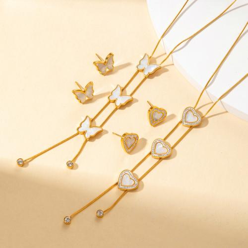 Rhinestone Edelstahl Schmuck Set, 304 Edelstahl, mit Weiße Muschel, plattiert, verschiedene Stile für Wahl & für Frau & mit Strass, goldfarben, verkauft von PC